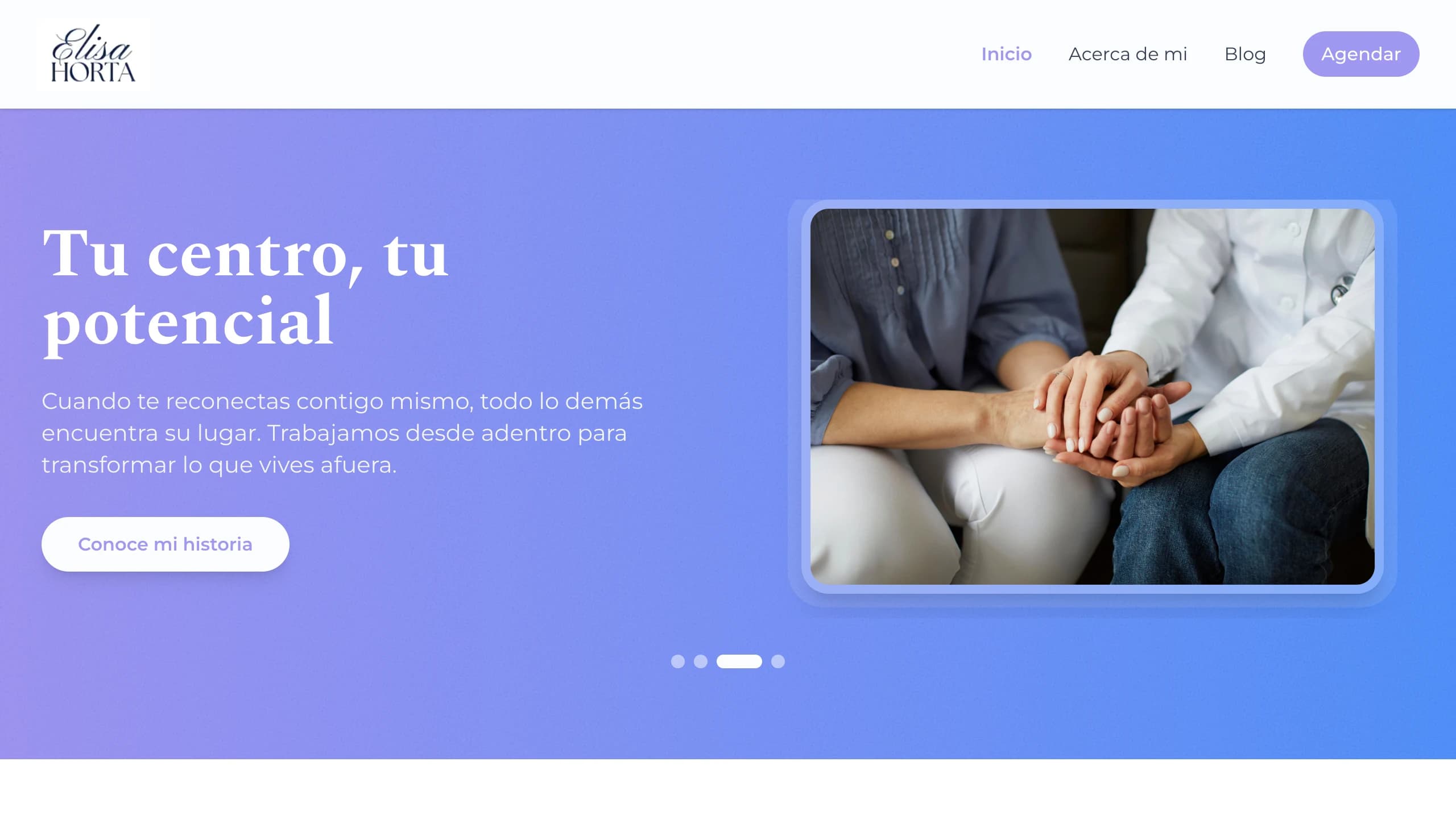 Elisa Horta's site: the headline 'Reconectando con tu bienestar' over a violet gradient, beside a photo of two people holding hands, with buttons to book an appointment and read her story.